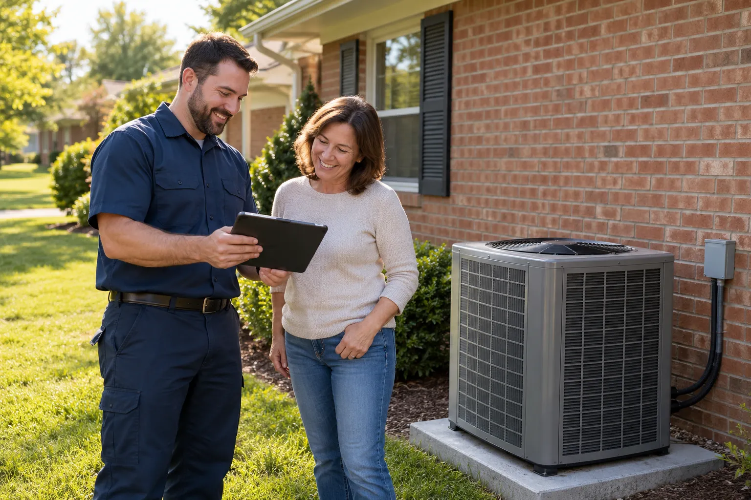 Friendly HVAC provider and homeowner reviewing a new outdoor AC unit beside a brick ranch home in Frisco