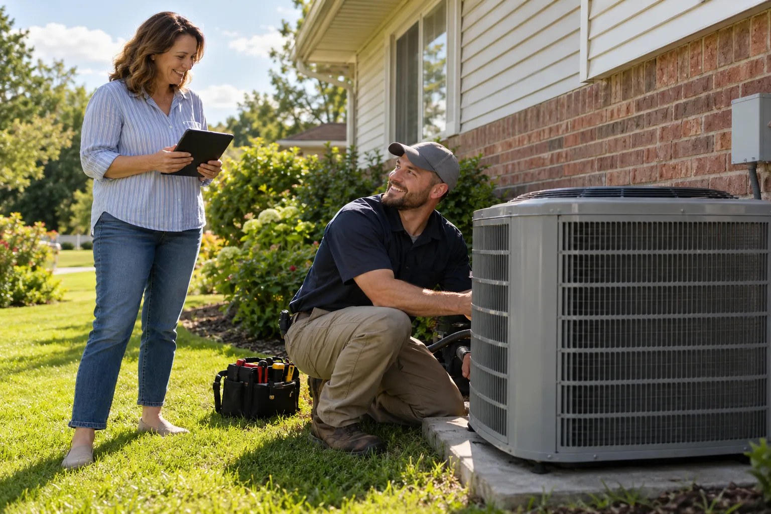 A friendly HVAC provider checking an outdoor AC unit beside a brick ranch home in Frisco