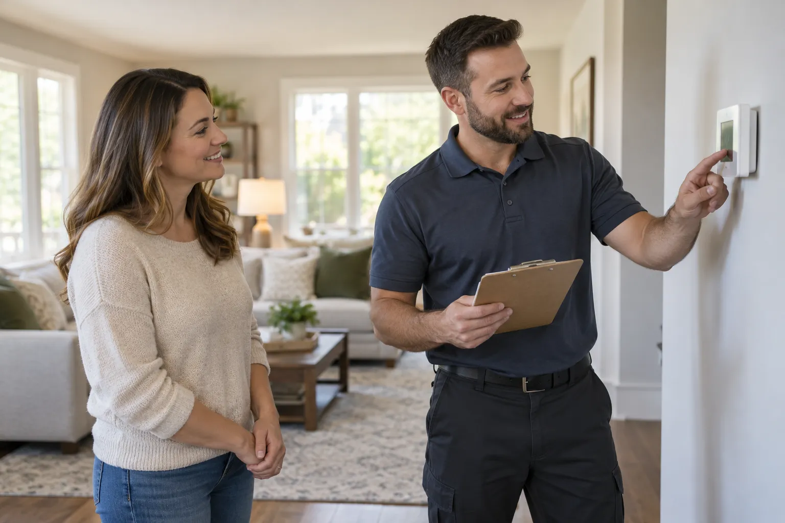 A provider checking an AC unit's thermostat in a home in the Frisco area